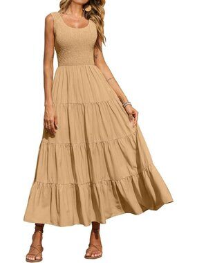 Women's Dress Maxi Khaki Polyester Scoop Neck Short Vacation Casual Summer